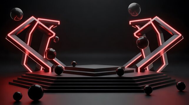 Futuristic robotic platform with glowing red geometric arms and black spheres