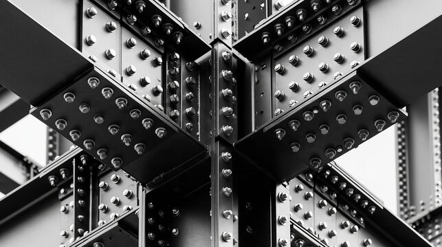 Abstract Close-up of Industrial Steel Beam Construction with Rivets in Black and White