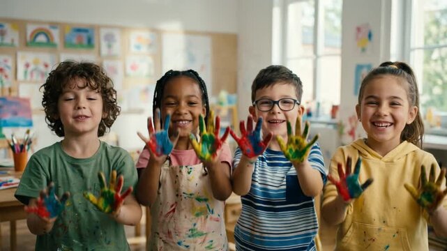 Smiling kids hold up messy painted hands together during elementary school art workshop. Cheerful group of students expresses happiness, creativity and friendship in vibrant classroom.