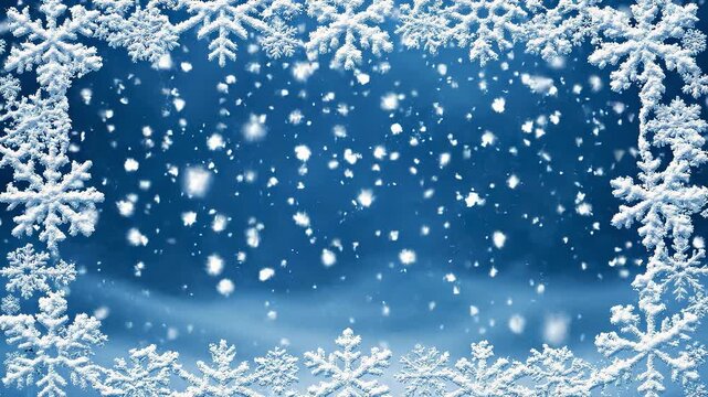 Icy snowflake border surrounds deep blue winter scene with soft icy snowflakes and open central space for seasonal holiday text.