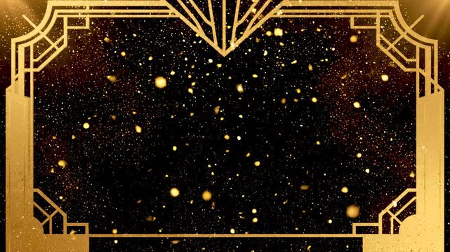 Golden frame featuring art deco design and sparkling particles Perfect for invitations awards anniversaries or elegant events.
