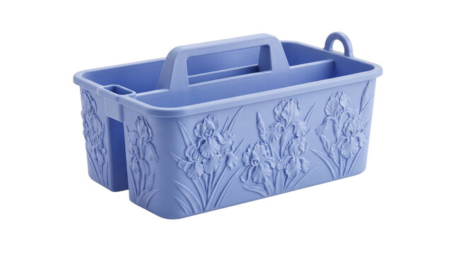 Purple plastic storage caddy with handle, floral embossed cleaning tote box, portable organizer container for home supplies isolated PNG with Transparent Background