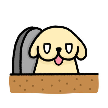 Cute dog peeking out from a spooky grave in the ground with a playful and friendly expression.