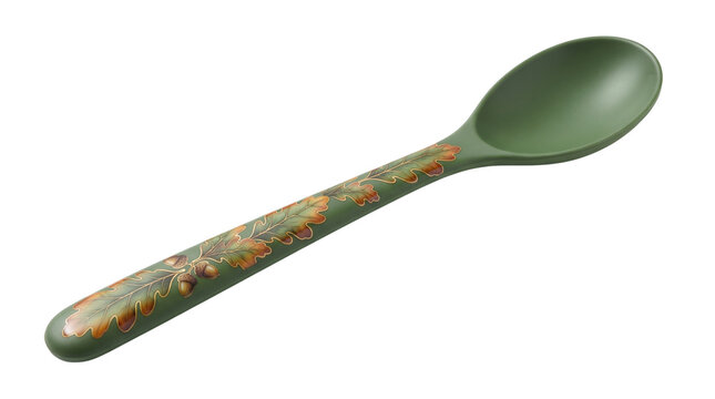 Olive green patterned spoon with decorative handle, modern plastic kitchen spoon, reusable green cutlery utensil for everyday meals isolated PNG with Transparent Background