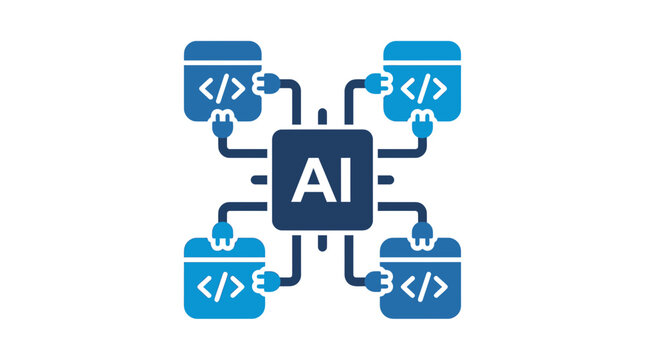Abstract AI concept with robot server icon and code blocks on white background for technology and software branding