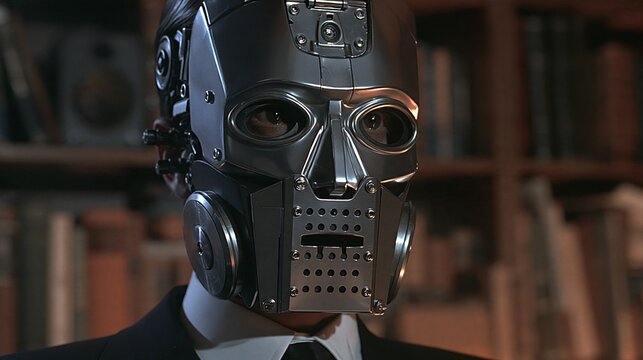 Close-up of a man wearing a vintage, steampunk-inspired metallic mask with intricate details, set against a library background
