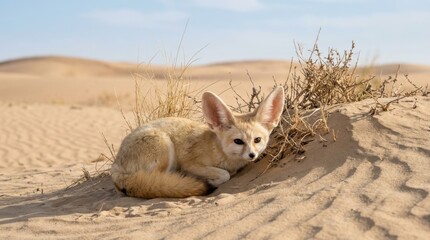 Obraz premium A fennec fox resting on the sand dunes of the Sahara desert under a bright sunny blue sky