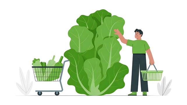 Fresh lettuce with shopping cart and shopper illustration for healthy grocery shopping