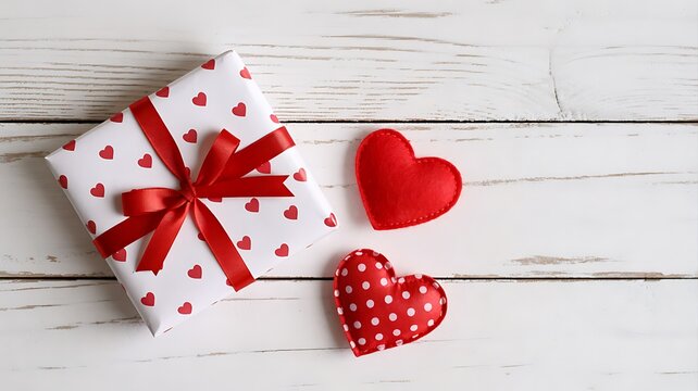 Valentine gift boxes and red hearts on white wooden background