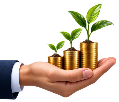 Financial growth concept featuring businessman hand holding stacks of golden coins with green plants growing on transparent background