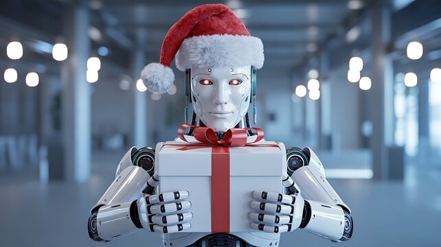 Futuristic humanoid robot wearing santa hat and holding christmas gift