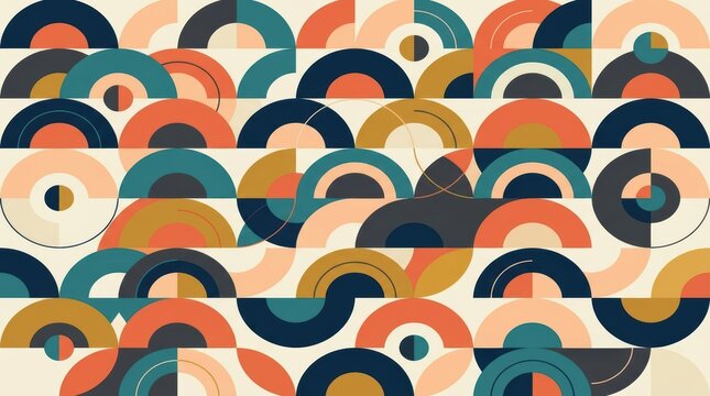 Abstract geometric pattern with overlapping colorful circular shapes on beige background