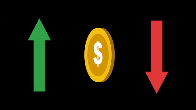 Golden dollar coin with green upward and red downward arrows, isolated on a transparent background