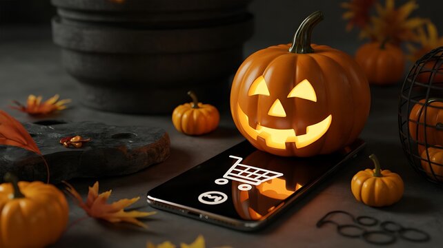 Halloween jack o lantern beside smartphone and autumn decorations