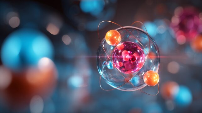 Abstract science background with glowing nucleus, atoms, elements and molecules, molecular structure, quantum physics, chemistry, nanotechnology, energy particles and scientific research concept
