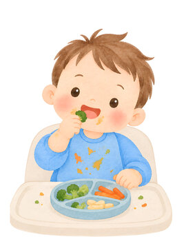 Baby Boy Eating Finger Food in High Chair, Baby Led Weaning Watercolor Illustration