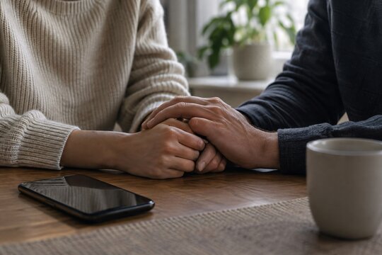 Two people holding hands across a table indoors. Emotional support and human connection. Care, comfort and empathy. Supportive relationships and compassionate communication.