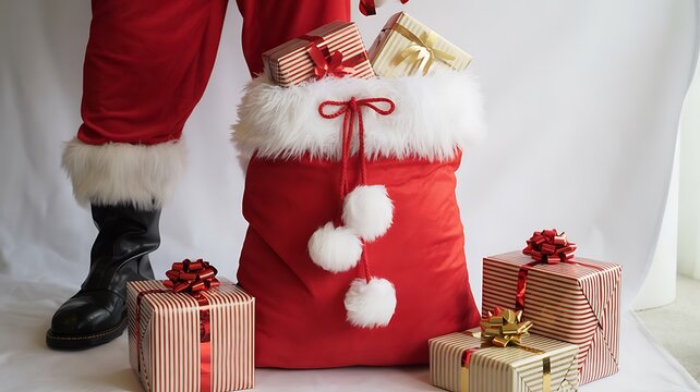 Santa claus standing beside large christmas gift sack and wrapped presents