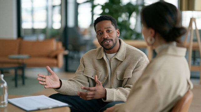 Man with gap teeth sitting across from a clinical psychologist in a modern therapy office, cognitive behavioral session implied by open body language and worksheet on table,