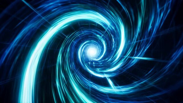 Spaceship travels inside luminous blue warp tunnel toward bright central vortex. Sci fi spacecraft navigates spiraling energy vortex while moving across cosmic dimensions in deep space corridor.