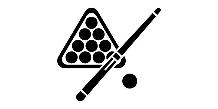 Billiards pool cue stick with triangle rack rack of balls black vector icon.