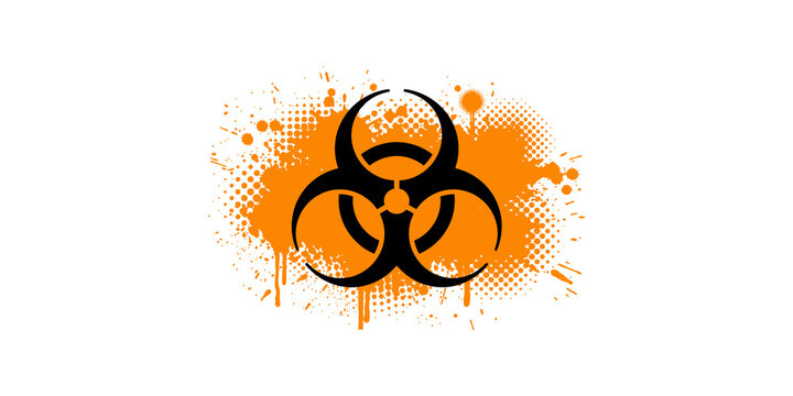 Biohazard symbol on orange paint splatter for pandemic awareness and safety warnings.