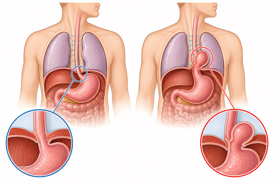 Hiatal hernia stomach displacement comparison illustration