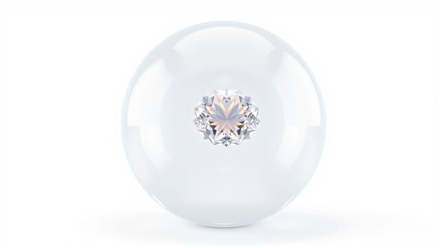Glossy sphere contains brilliant cut diamond. Light reflects, creating subtle highlights. Minimalist studio shot, clean background.