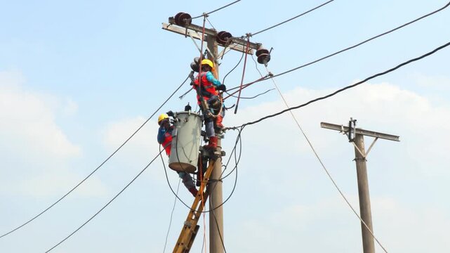Electricians work on utility poles under bright sky. They wear safety gear and use ladders for repairs. Clouds drift behind tall wooden poles. Workers focus on fixing wires and equipment