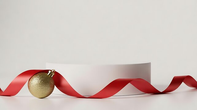 Christmas decoration with red ribbon and gold ornament on white background