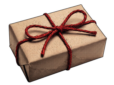 Wrapped gift box with red string isolated on transparent background.