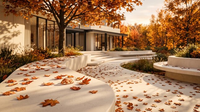 Modern luxury house backyard patio with curved concrete benches and fallen autumn leaves in warm sunlight