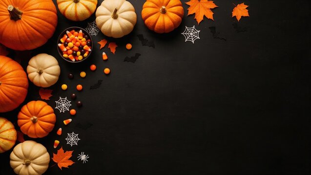 horizontal autumn and Halloween flat-lay with pumpkins, candy, and festive decorations on black background. ample space for text or messaging