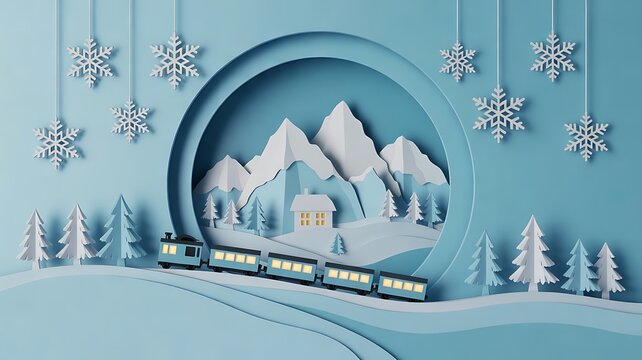 Winter christmas train traveling through a snowy mountain village illustration