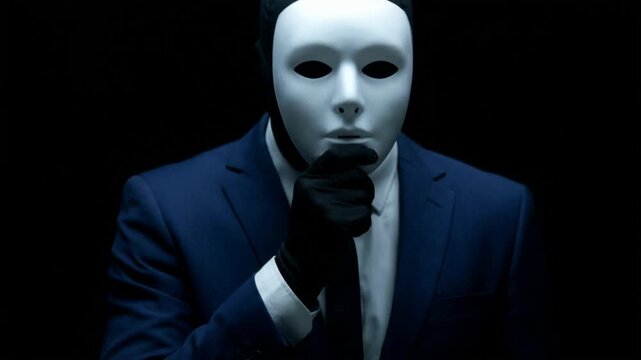 Anonymous man in formal business suit holds white mask against black background. Gloved person tilts mysterious disguise sideways, expressing secretive identity theft and cybercrime concept.