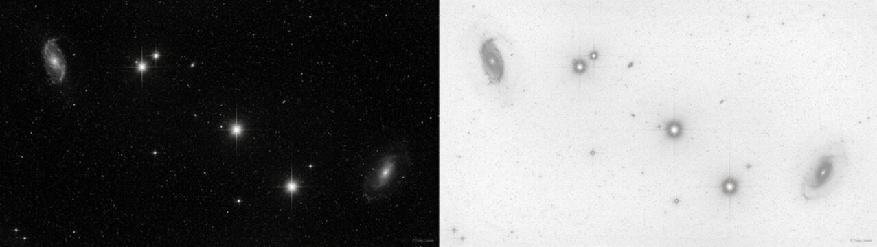 Deep space astronomical photography featuring distant spiral galaxies, star clusters, and bright stars set against a starry night sky in monochrome isolated on transparent background