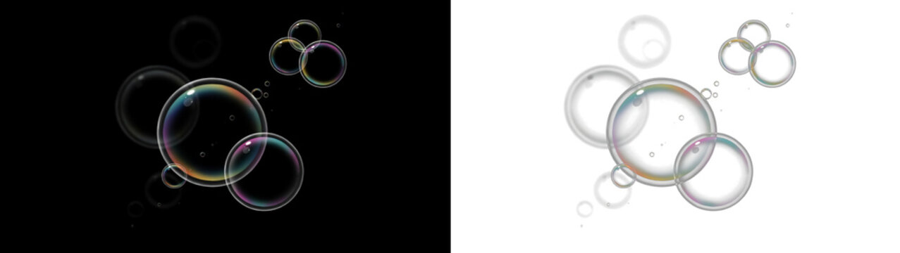 Realistic soap bubbles with rainbow reflection set, transparent spheres floating on black and transparent backgrounds, vector illustration for design elements