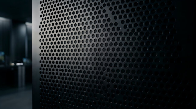 Close up of a dark metallic surface with a uniform hexagonal hole pattern