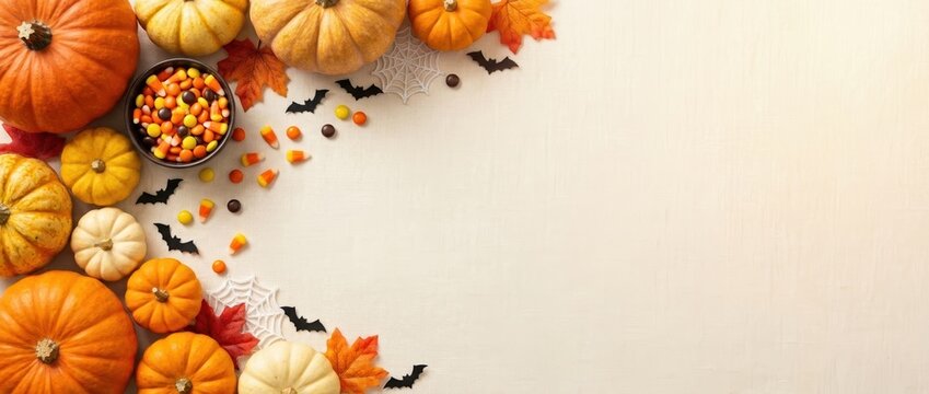horizontal autumn and Halloween flat-lay with pumpkins, candy, and festive decorations on beige background. ample space for text or messaging