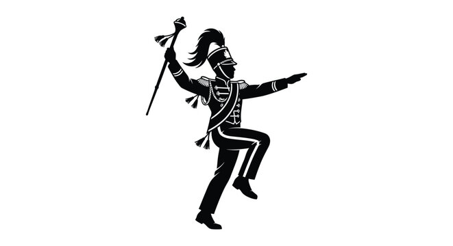 Silhouette of a marching band drummer with a feathered hat on a white background