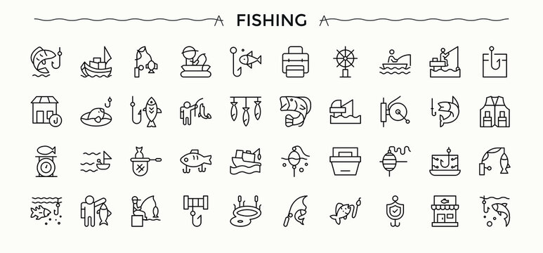 Set of Fishing line icon. Fish minimal linear icons. Outdoor icon set. Vector illustration.