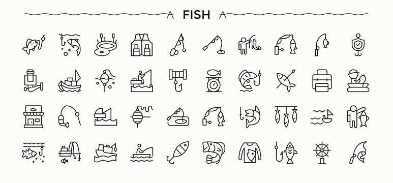 Set of Fish line icon. Contain linear symbols seafood, ocean, sea, restaurant and more. Fish And Seafood icon. Modern linear icons. Vector illustration.