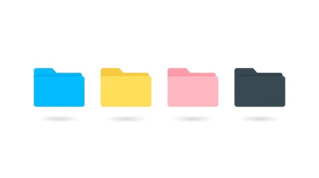 Four colorful document folders arranged in a horizontal row against a plain white background with background soft shadows gray colors horizontal