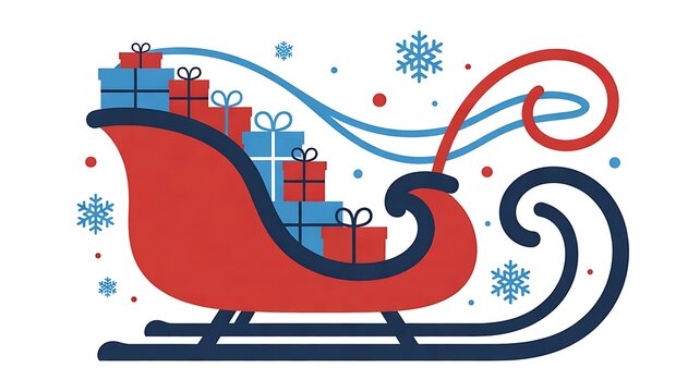 Festive christmas sleigh carrying gifts with snowflakes and holiday decorations