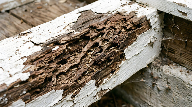 Severe Termite Damage and Infestation on White Painted Wooden Beam | Termite Larvae and Nest Tunnels in Decaying Wood Structure | Pest Control Concept Showing Termite Damage in Rotted Timber