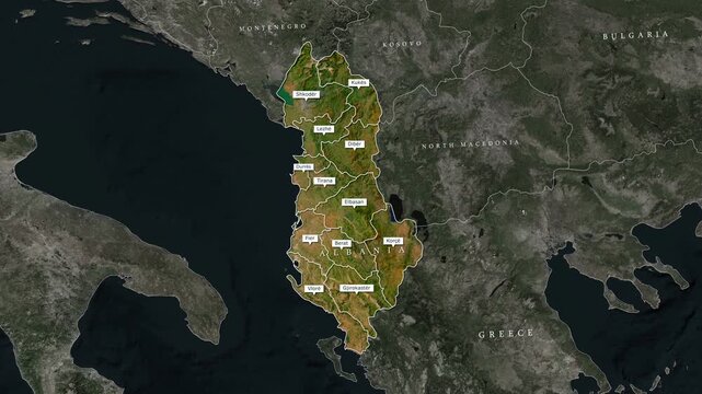 Albania Province Map Animation with Administrative Boundaries and Satellite View 4K