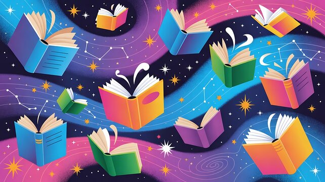 Colorful open books flying through a magical starry space illustration