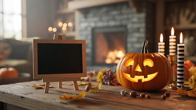 Halloween pumpkin decoration with candles and fireplace in cozy autumn interior