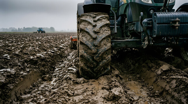 Tractor Wheel Covered in Thick Mud Driving Through Ploughed Agricultural Field | Close-Up of Muddy Tractor Tire Tread on Wet Muddy Farmland | Modern Farm Tractor Plowing Muddy Agricultural Soil under 