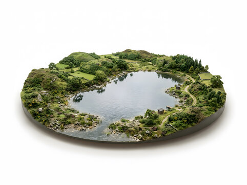 Miniature landscape model of serene lake surrounded by lush green hills and forest
